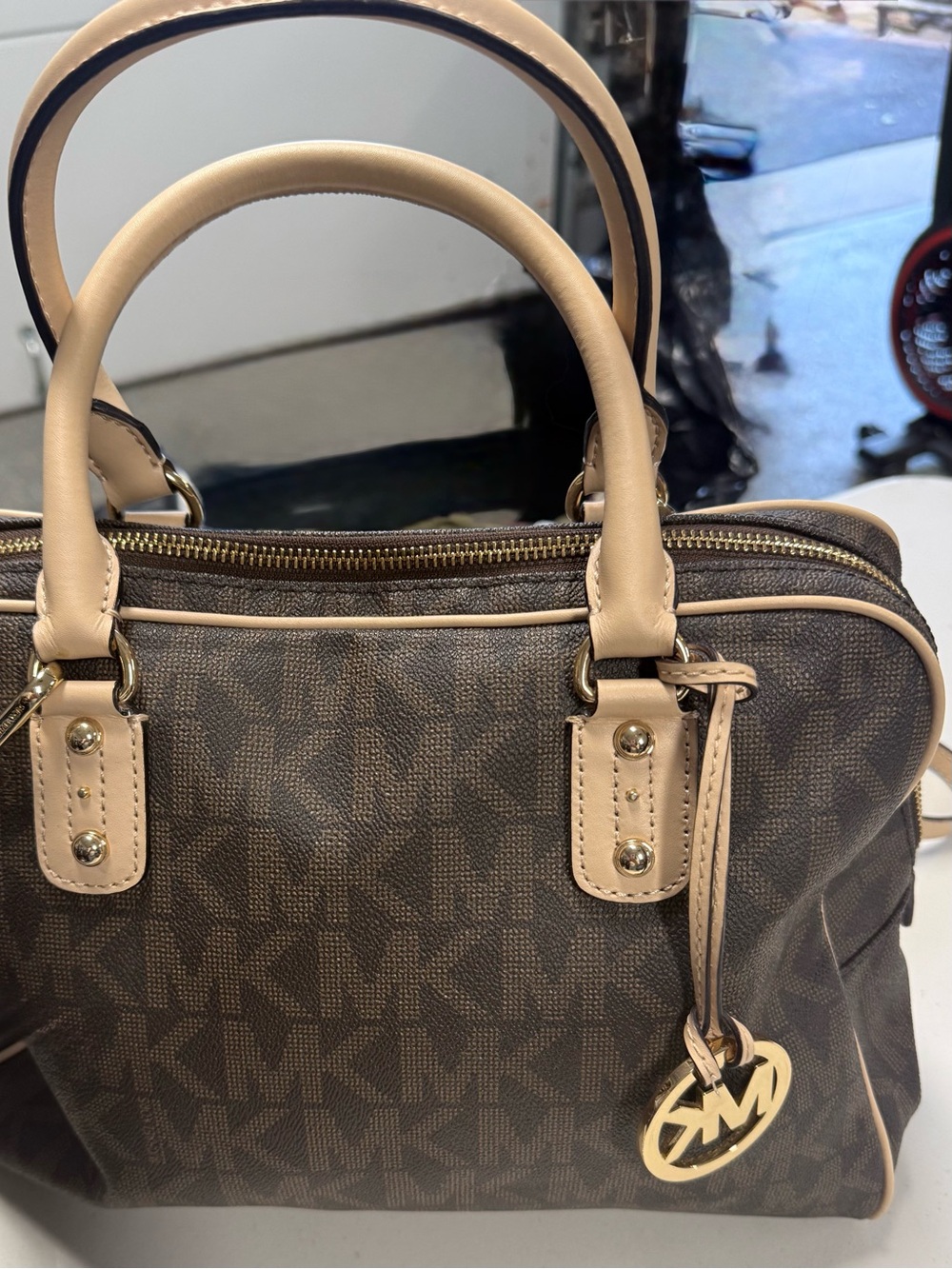 Michael Kors Brown MK Signature Satchel with Beige Trim